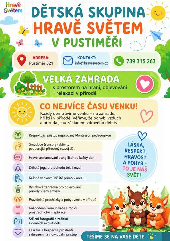 Nově otevřená Dětská skupina Hravě světem v Pustiměři nabízí přívětivé prostředí respektující individuální potřeby dětí. Dále nabízí smyslové aktivity pro přirozený rozvoj, hravé seznamování s angličtinou, dětskou jógu, hřiště přímo v areálu, bylinkovou zahrádku a spoustu dalších. Více informací získáte na tel. 739 315 263, případně info@hravesvetem.cz . Odkaz na přihlašovací formulář  https://docs.google.com/.../1Rj1KEwIYrCOKA9ZhfFxz.../edit...