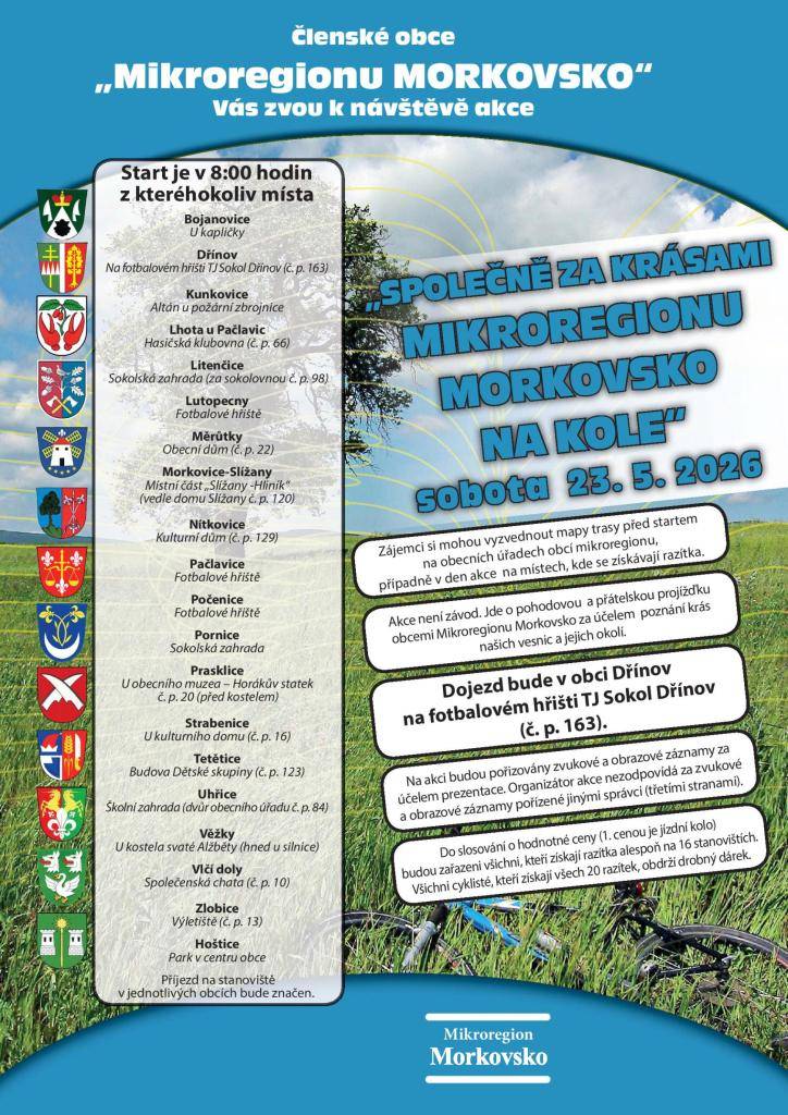 Tradiční akce "Společně za krásami mikroregionu Morkovsko na kole" se uskuteční v sobotu 23. května 2026.