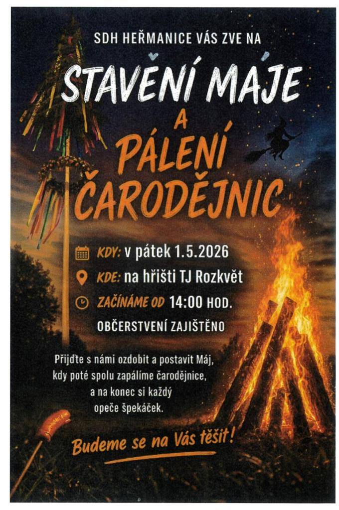 SDH Heřmanice srdečně zve na společnou akci v pátek 1.5.  2026 od 14 hodin na hřišti TJ Rozkvět.