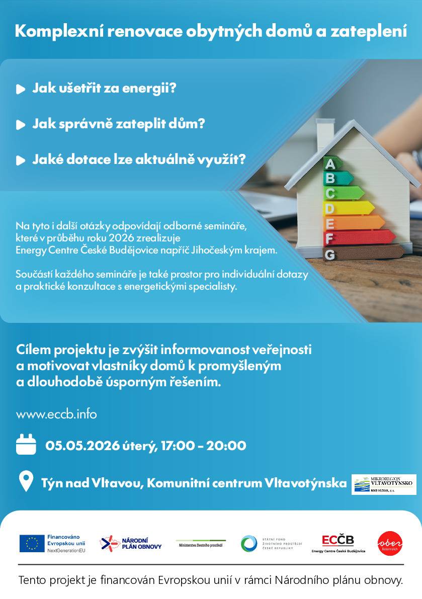 Pro toho kdo chce opravovat dům - Odborníci ze spolku Energy Centre České Budějovice představí praktické možnosti, jak ušetřit za energie, jak správně zateplit dům, jaké jsou současné trendy ve vytápění a jak využít aktuální dotační programy.