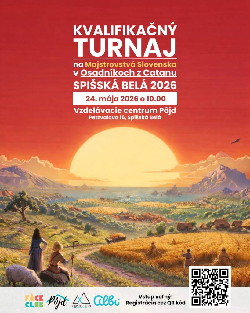 Pozývame všetkých fanúšikov doskovej hry Osadníci z Catanu na kvalifikačný turnaj, ktorý sa uskutoční 24. mája 2026 o 10:00 vo Vzdelávacom centre Pôjd na Petzvalovej 16 v Spišskej Belej. Turnaj...