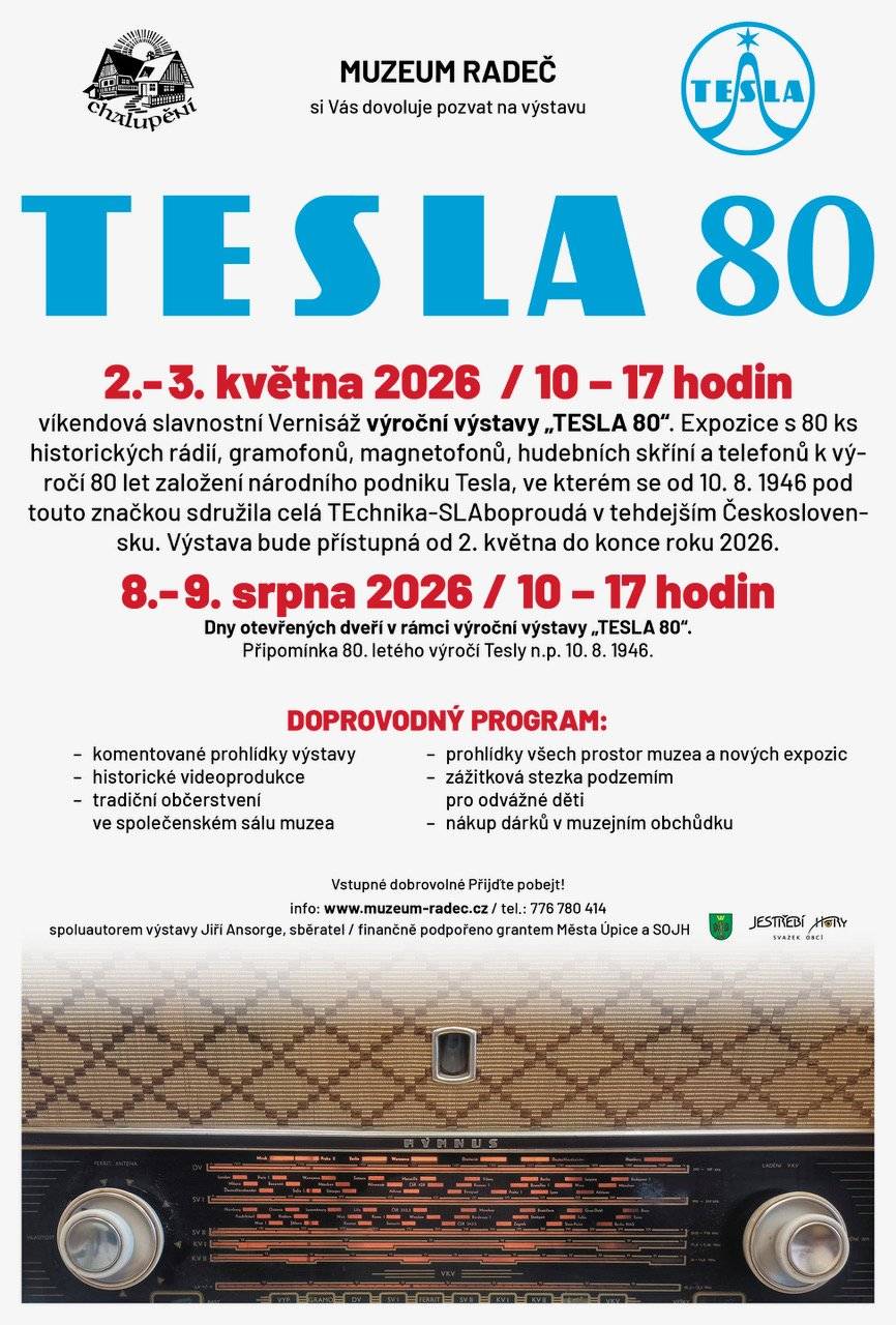 2. a 3. 5. 2026 od 10 do 17 hodin proběhne slavnostní vernisáž výroční výstavy "TESLA 80". Jste sdečně zváni!