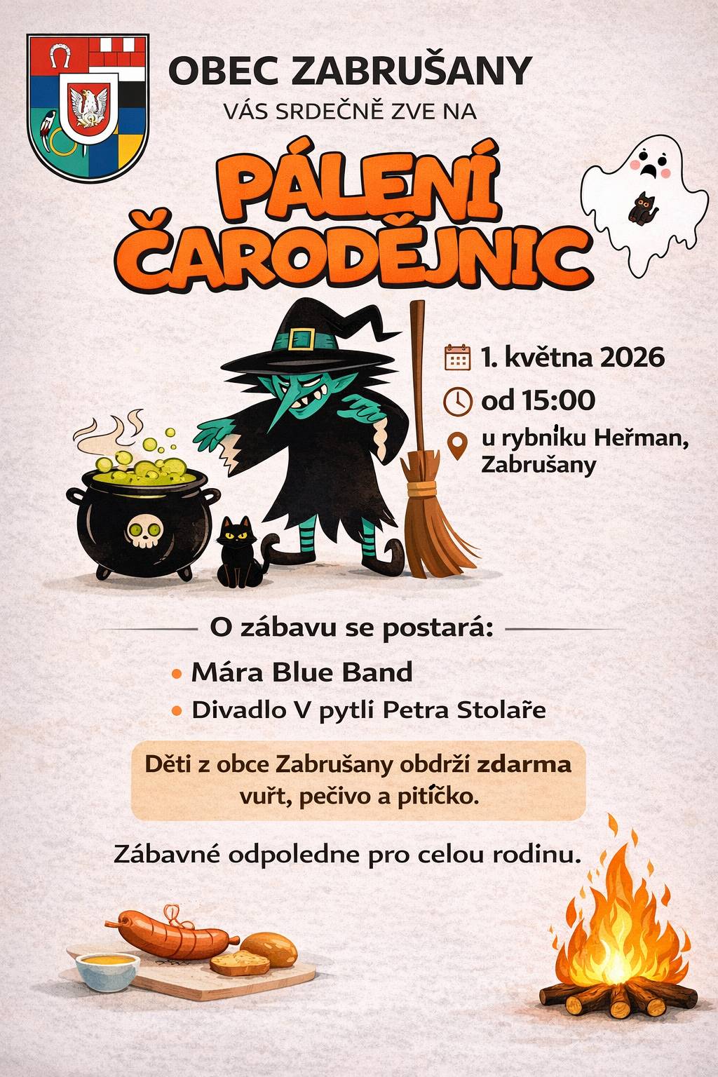 Již tento pátek se od 15:00 u rybníku Heřman v Zabrušanech uskuteční pálení čarodějnic. Všichni jste srdečně zváni.