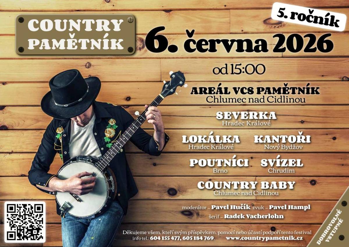 V sobotu 6.června 2026 se od 15 hodin v areálu VCS Pamětník v Chlumci nad Cidlinou koná již 5.ročník akce Country Pamětník. Všichni jste srdečně zváni. Více podrobností najdete v přiloženém letáku.