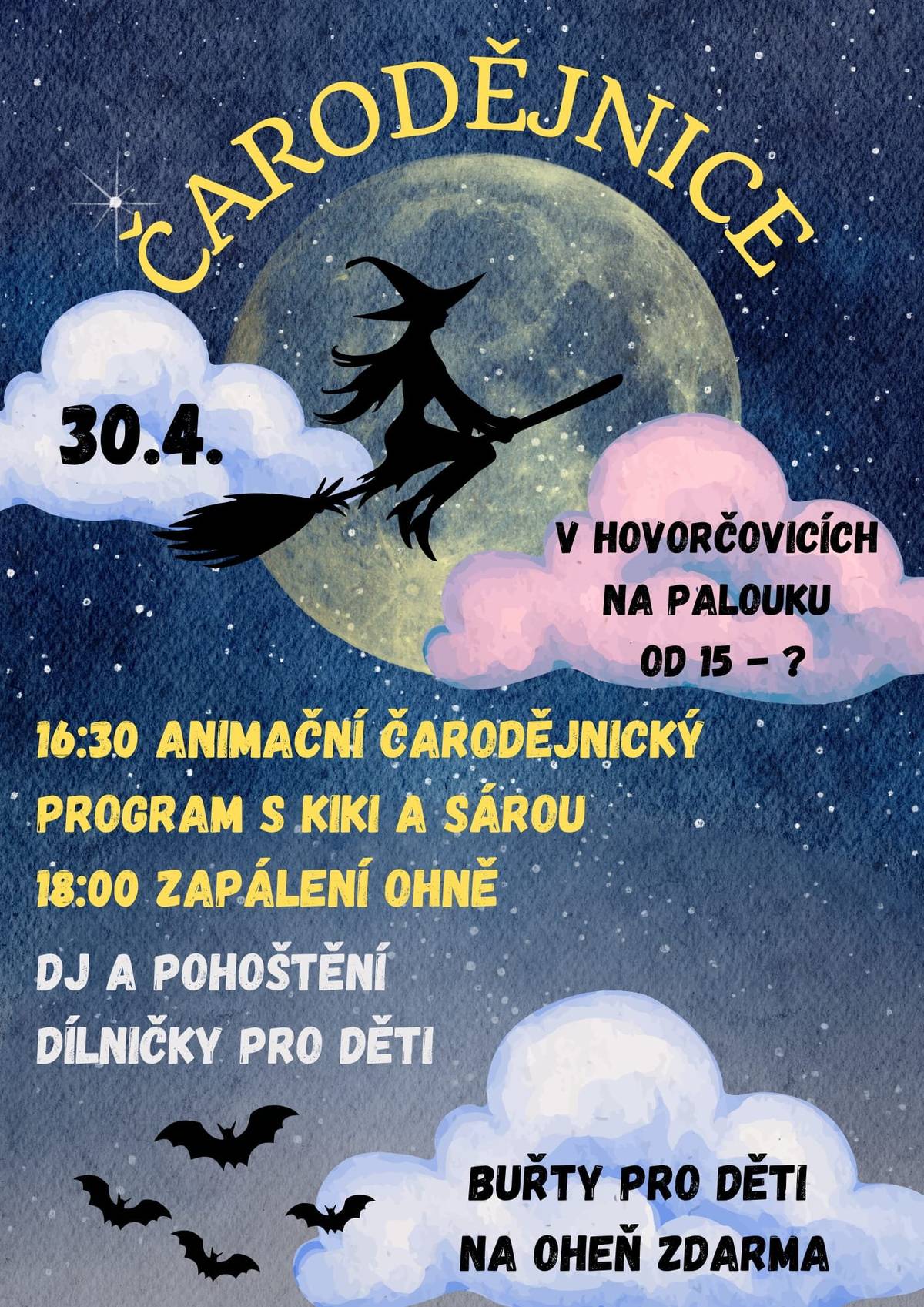 Připomínáme zítřejší pálení čarodějnic na palouku u základní školy.  Těšit se můžete na animační čarodějnický program pro děti, tvořivé dílničky, pohodovou hudbu od DJ a samozřejmě i slavnostní zapálení ohně. Pro děti budou navíc připravené buřty zdarma k opečení. Čeká nás krásné společné setkání plné smíchu, radosti a jarní pohody. Vezměte rodinu i přátele a přijďte si užít nezapomenutelné odpoledne.