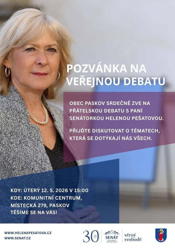 Srdečně vás zveme na přátelskou debatu s paní senátorkou Helenou Pešatovou. Přijďte diskutovat o tématech, která se dotýkají nás všech!