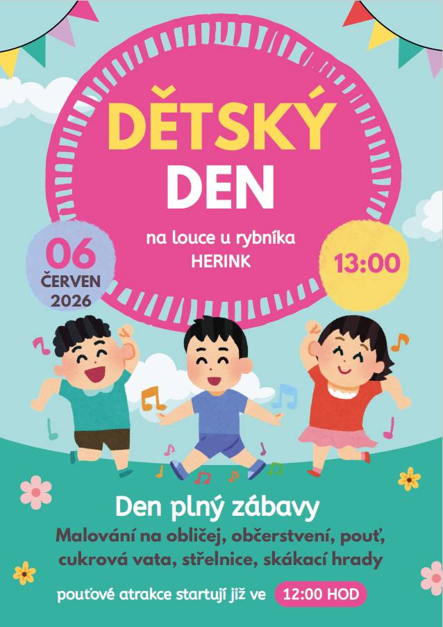 Zveme všechny děti na dětský den, který se uskuteční 6.6.2026 na louce u rybníka.