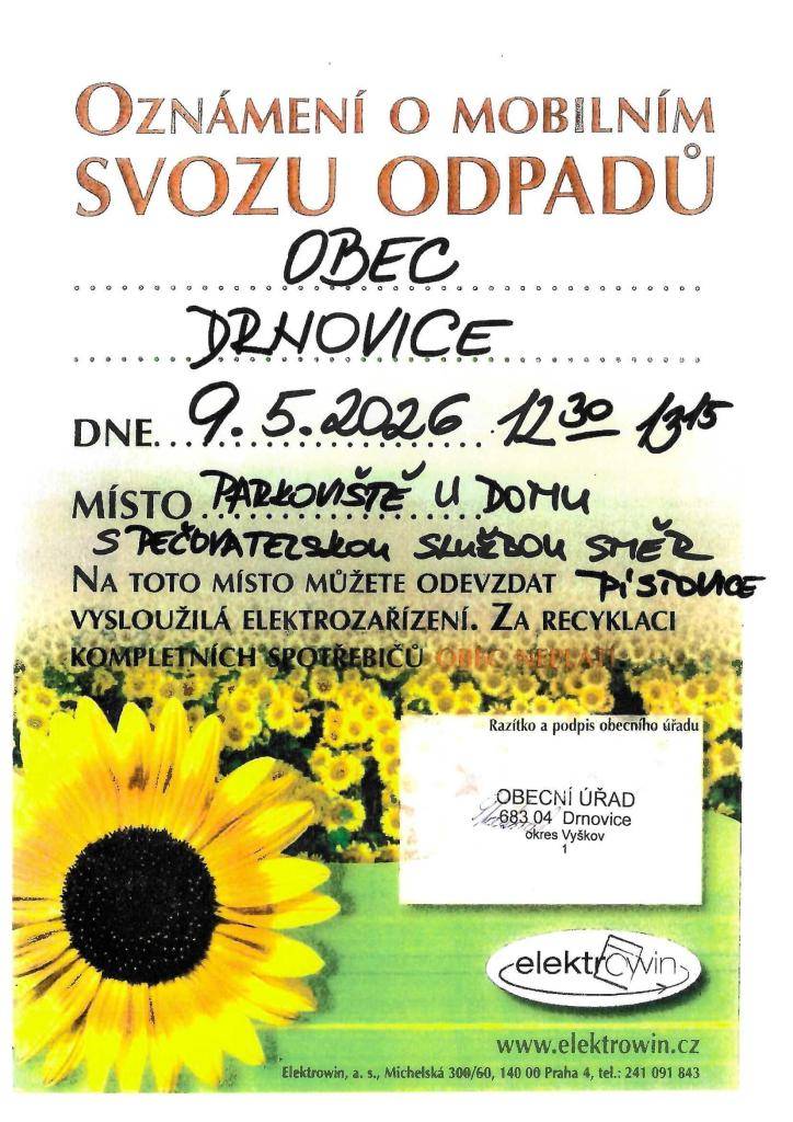 Informujeme Vás o mobilním svozu nebezpečného odpadu a elektrozařízení v sobotu 9.5.2026 na parkovišti u Domu s pečovatelskou službou.