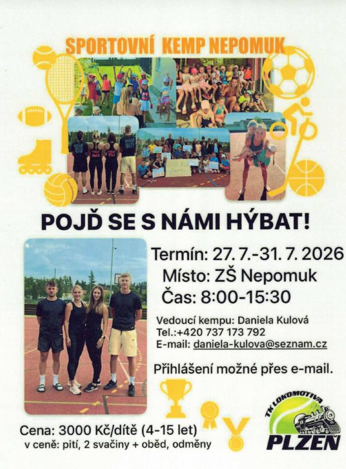 Pozvánka na dětský sportovní kemp v Nepomuku v termínu 27.7. -31.7.2026, přihlášky na emailu daniela-kulova@seznam.cz.