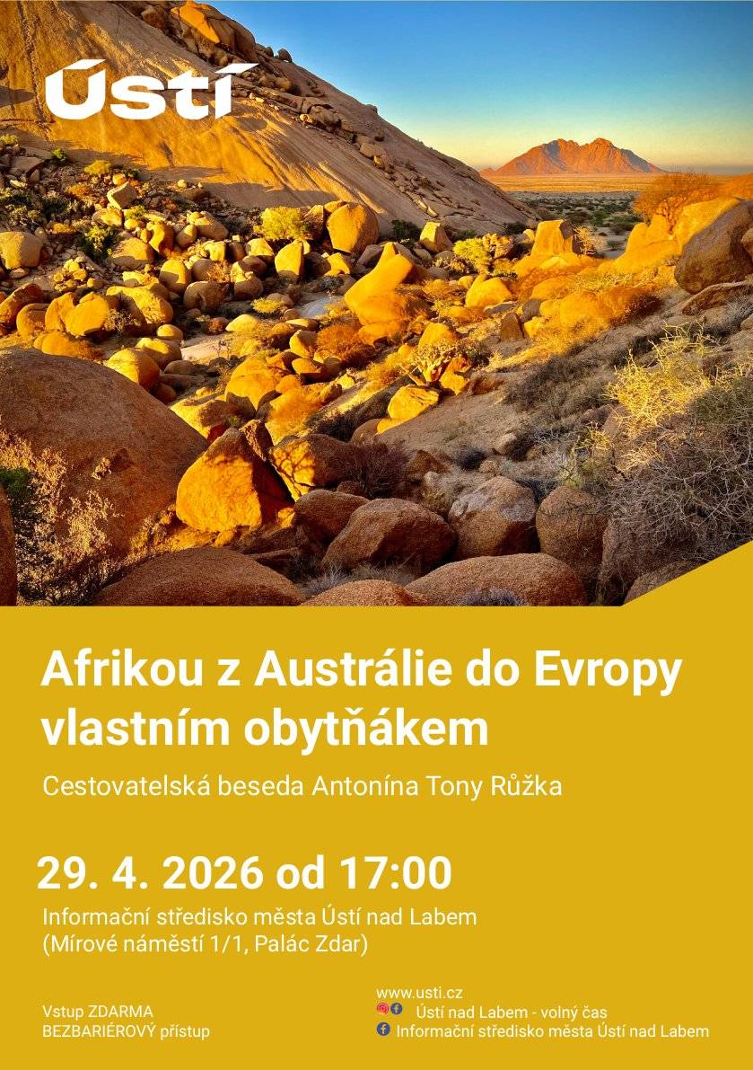 Antonín Tony Růžek žije už více než 25 let v Austrálii. Rozhodl se ale hodit běžný život za hlavu a vydat se na cestu kolem světa v obytném voze. Během dvou let procestoval 14 zemí a zažil neuvěřitelné momenty. Sjel na lyžích z vrcholu Kilimandžára, seběhl největší písečnou dunu Afriky a setkal se s horskými gorilami. Přijďte si poslechnout, jaké to je žít „na plný úvazek“ v obytném voze a cestovat napříč kontinenty. Tony se s Vámi podělí nejen o své zážitky, ale i o motivaci, která ho vedla k tak zásadní životní změně. KDY: 29. 4. 2026 od 17:00 KDE: Informační středisko města Ústí nad Labem (Mírové náměstí 1/1, Palác Zdar) Tony je v Evropě jen na pár týdnů, tak si ho nenechte ujet.