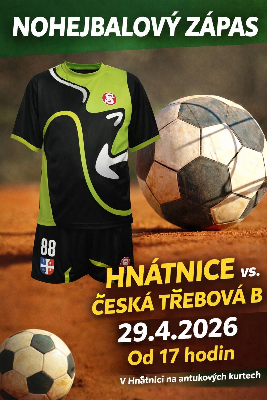 Ve středu 29. 4. 2026 od 17 hodin proběhne na antukovém hřišti u OÚ nohejbalový zápas mezi Hnátnicí a Českou Třebovou.