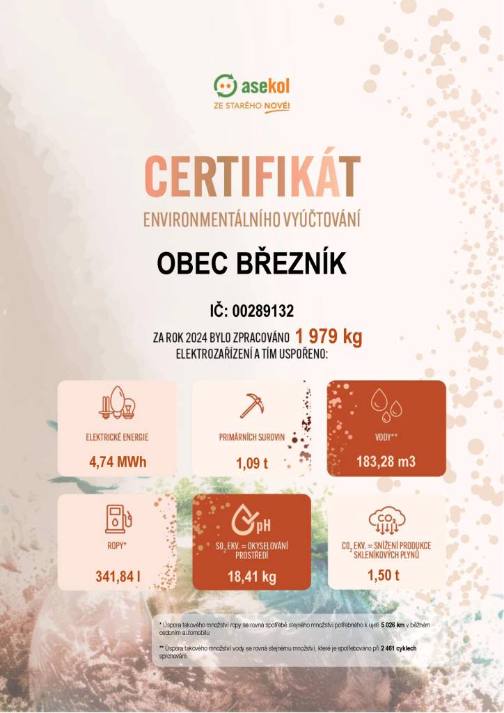 Prohlédněte si Certifikát Environmentálního vyúčtování a přehled sběru pro vyplnění tabulky č. 5 na Listu 5 v Hlášení souhrnných údajů z průběžné evidence dle Vyhlášky č. 273/2021 Sb.za rok 2024.