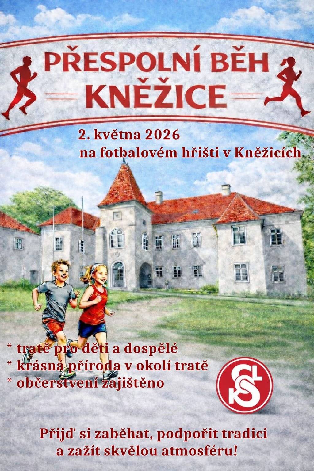 Tělocvičná jednota Sokol Kněžice pořádá v sobotu 2.5. otevřený závod v přespolním běhu.  Prezence a upřesnění přihlášek bude probíhat od 9:00 do 9:30 na fotbalovém hřišti. Předpokládané zahájení závodu v 10:00 h.  Přihlášky přijímá pan Pavel Krupica na mailové adrese p.krupica@oleacz.cz.  Pro členy Sokola je startovné 50 Kč a všichni jsou srdečně zváni.