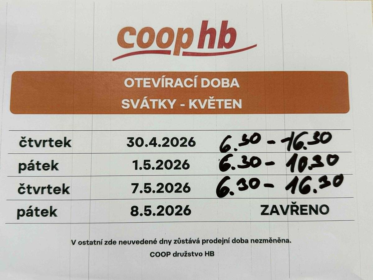 Otevírací doba svátky květen COOP HB: Čt. 30. 4. - 6:30 - 16:30, Pá. 1. 5. - 6:30 - 10:30, Čt. 7. 5. - 6:30 - 16:30, Pá. 8. 5. ZAVŘENO. OÚ Police