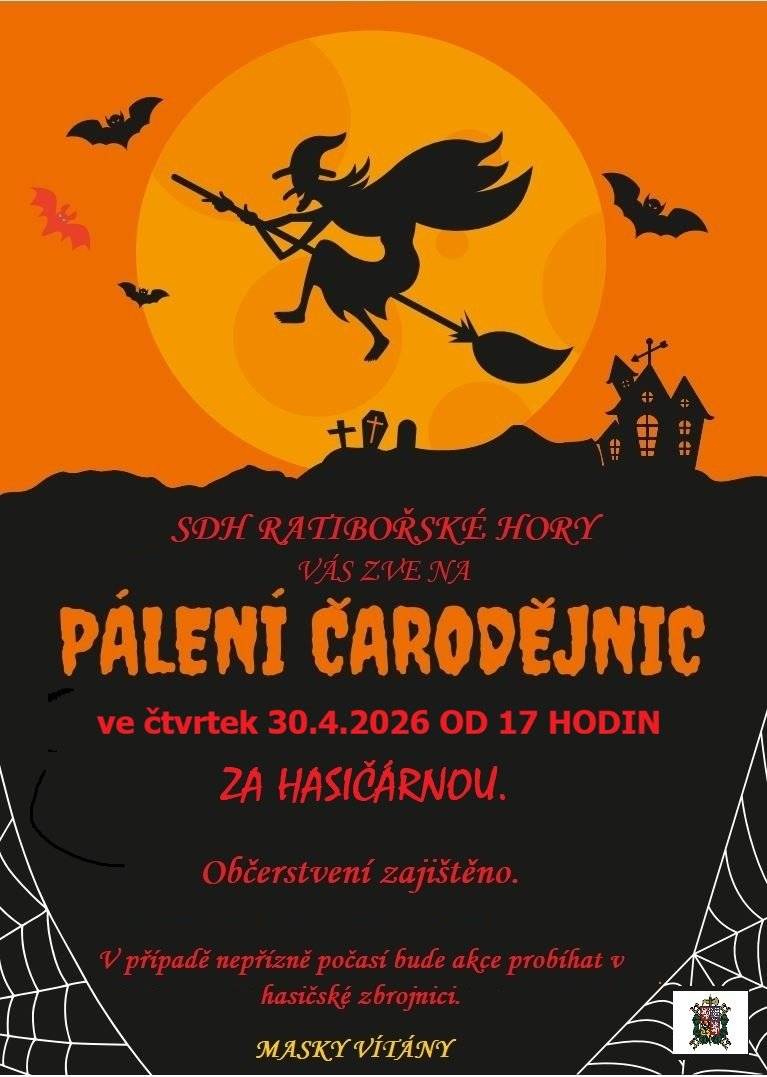 SDH Ratibořské Hory Vás zve dnes 30.4.2026 na PÁLENÍ ČARODĚJNIC.  KDY: od 17:00 hodin KDE: za hasičárnou v Ratibořských Horách ⚫občerstvení zajištěno⚫