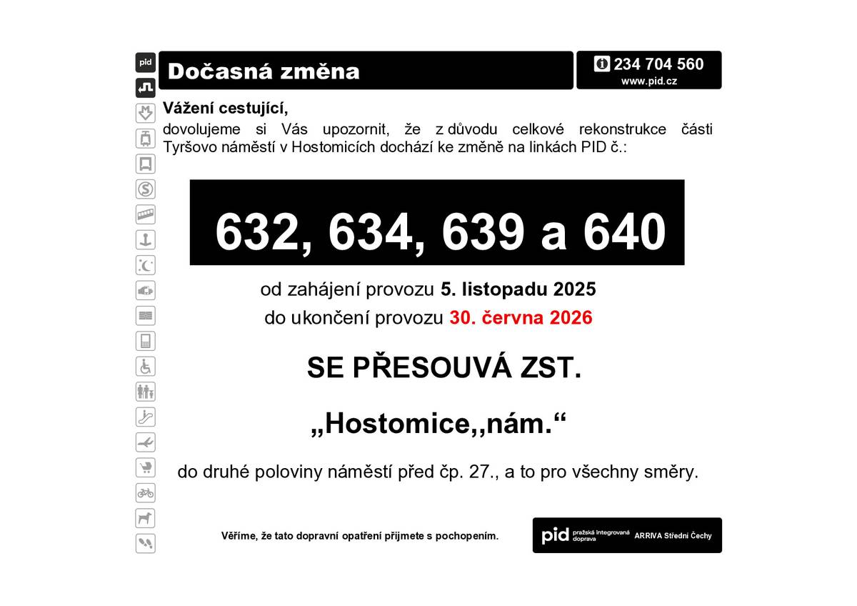 Informace k uzavírce Hostomice - Tyršovo nám. ( 632, 634, 639 a 640) - Prodloužení termínu