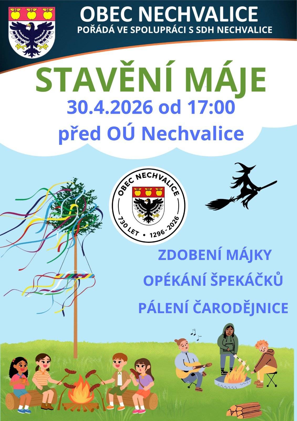 🌿🔥 Stavění máje – dnes od 17:00 v Nechvalicích 🔥🌿 Zveme vás na příjemné odpoledne před OÚ Nechvalice, kde společně navážeme na tradiční zdobení a stavění májky. Bude připraven oheň, tak vezměte rodinu, dobrou náladu a přijďte posedět a popovídat si 👋 👉 Špekáčky s sebou 🌭 Těšíme se na vás!