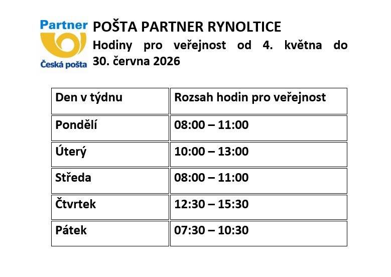 Pošta Partner Rynoltice - Dočasná změna otevírací doby od 4. 5. 2026 do 30. 6. 2026 Od 4. 5. 2026 dochází k dočasné úpravě otevírací doby. Pondělí a středa - BEZE ZMĚNY, Úterý - od 10 do 13 hod., Čtvrtek - od 12:30 do 15:30 hod., Pátek - od 7.30 do 10.30 hod. Provozovatel pošty Partner Rynoltice děkuje za pochopení. Ordinační hodiny dětské lékařky MUDr. Gabriely Křečkové Dětská lékařka MUDr. Gabriela Křečková začne ordinovat od úterý 12. 5. 2026. Ordinovat bude zatím jen v Rynolticích, každé úterý a pátek vždy od 9 do 12 hod.  Pálení čarodějnic 30. 4. 2026    Proběhne v těchto částech obce: v Rynolticích - slet v 18 hod. u Obecního úřadu, s sebou lampióny, převleky čarodějů a čarodějnic, čarodějnická stezka před Obecním úřadem, odchod lampiónového průvodu na fotbalové hřiště, opékání buřtů, občerstvení zajištěno, bude i ohňostroj, v Polesí - v 19 hod. na koupališti, zapálení hranice, pro každého bude připraven špekáček k opékání, v Jítravě - sraz v 18.30 hod. u hotelu, odchod lampiónového průvodu na dolní hřiště v Jítravě, stánek s občerstvením na hřišti je otevřen od 18 hod.  Nenechte si ujít tuto tradiční akci... Hezké slunečné dny přeje obec Rynoltice.