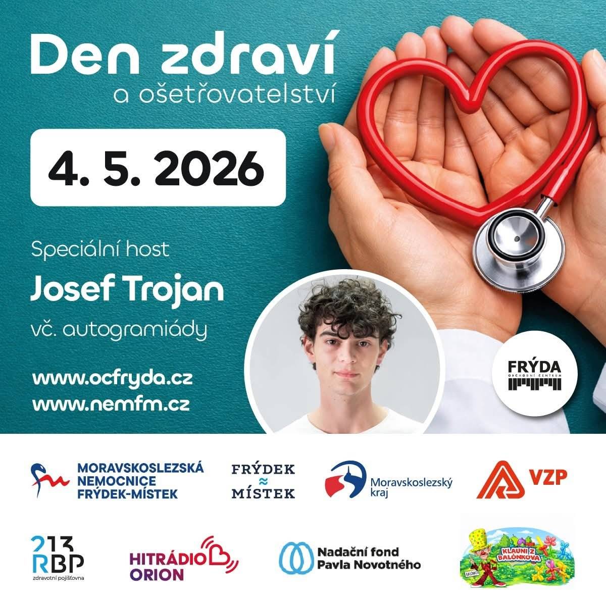 Tradiční den zdraví a ošetřovatelství pořádaný Moravskoslezskou nemocnicí Frýdek-Místek za podpory statutárního města Frýdek-Místek se uskuteční v pondělí 4. května od 15 do 18 hodin v prostorách OC Frýda. Návštěvníci mohou absolvovat zdarma řadu vyšetření, např. měření nitroočního tlaku, krevního tlaku, krevního cukru, připraveny jsou ukázky první pomoci a přítomni budou poradci různých zdravotních oborů. Hostem bude herec Josef Trojan, který se zúčastní autogramiády.