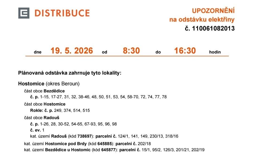 Upozornění na odstávku 18., 19. a 20.5.
