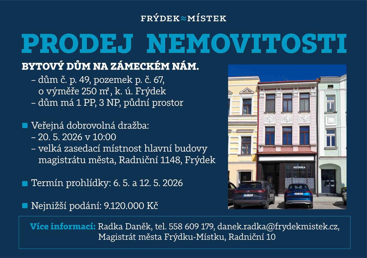 Statutární město Frýdek-Místek pořádá veřejnou dražbu nemovitosti. Uskuteční se 20. května 2026 v 10 hodin ve Velké zasedací místnosti Magistrátu města Frýdku-Místku v Radniční ulici 1148 ve Frýdku. Pro zájemce pořádáme prohlídku nemovitosti, a to v termínu 6. 5 a 12. 5. 2026. Detail dražby | CEVD