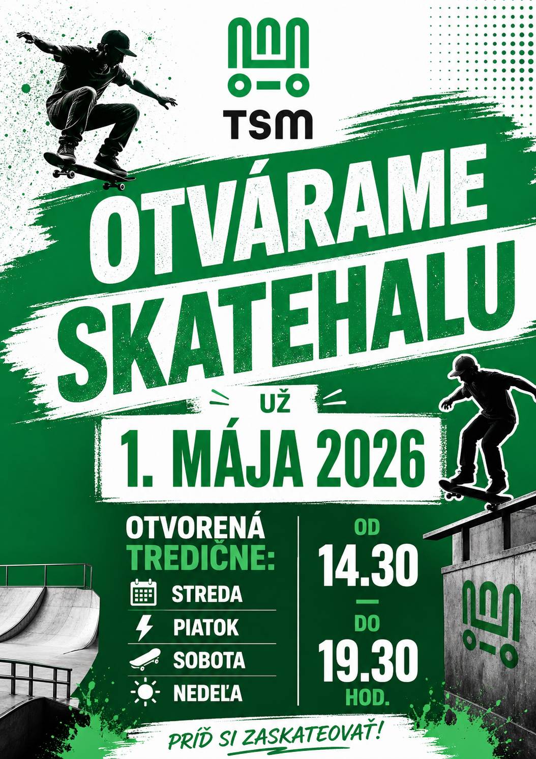 Milovníci skateboardu, kolobežiek, BMX a inline – máme pre vás skvelú správu! 🔥 Už 1. mája 2026 otvárame skatehalu, kde si môžete naplno užiť jazdu, trénovať nové triky a stretnúť sa s ľuďmi, ktorých baví to isté ako vás. 📍 Kde? Banská ulica – oproti čerpacej stanici 🕒 Kedy môžete prísť jazdiť? ➡️ streda, piatok, sobota, nedeľa ⏰ 14:30 – 19:30 Stačí prísť a jazdiť! ⚠️ Nezabudni – helma je povinná! 🤝 Prosíme všetkých jazdcov o ohľaduplnosť: Rešpektuj ostatných, dávaj pozor na slabších a menej skúsených. Menší a začiatočníci majú prednosť – pomôž im, povzbuď ich a buď príkladom. Skatehala je miesto pre všetkých, preto vytvorme bezpečné a priateľské prostredie. Zober kamošov, dosku alebo kolobežku a príď si to vyskúšať 👊 Tešíme sa na vás v skatehale! 💚