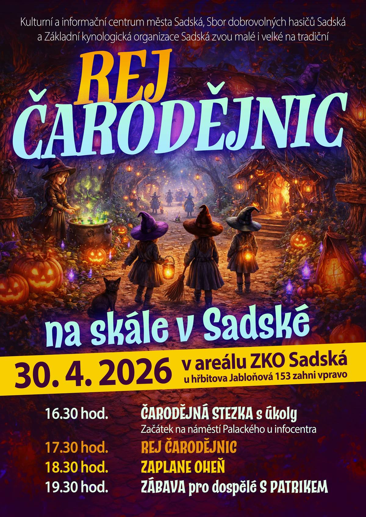 Dnes v 16:30 h. si děti můžou projít čarodějnou stezku plnou úkolů. Začíná venku u KIC a vede okolo kostela na skálu, kde začne disco a program pro děti. Oheň bude zapálen 18:30 hod.