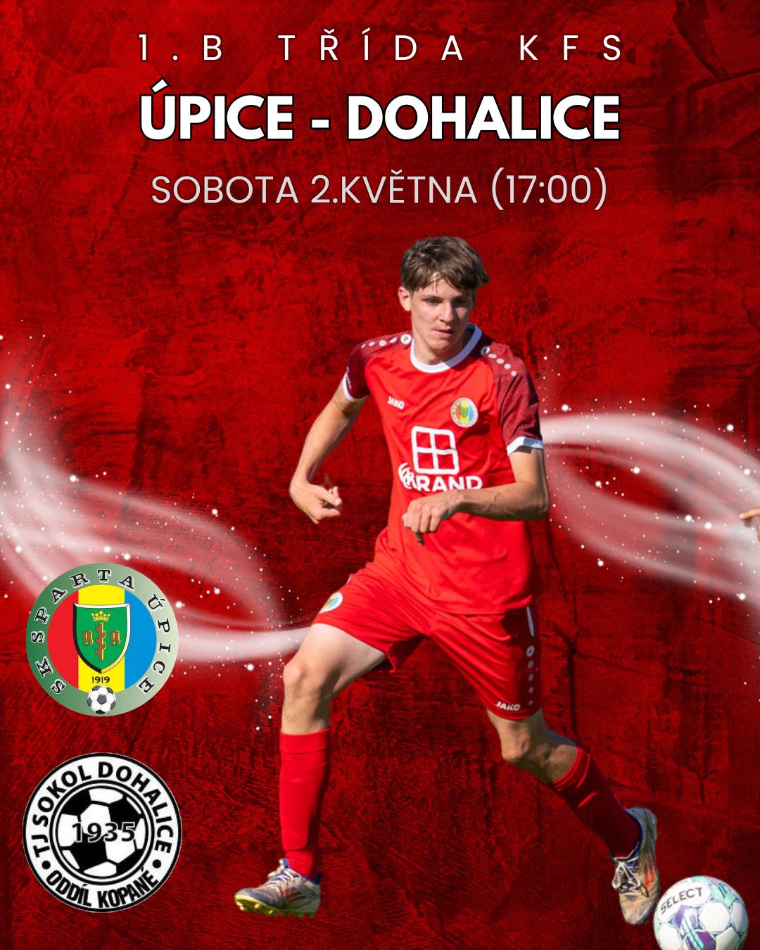 2. 5. 2026 od 17 hodin  Pozvánka na sobotní fotbalové utkání mužů: SK Sparta Úpice - TJ Sokol Dohalice Krajská soutěž 1.B třída (7.liga) 2.května 2026 (sobota, 17:00) stadion: Úpice