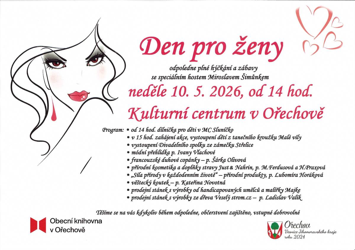 Zveme Vás na Den pro ženy, který se koná 10. května od 14 hodin v Kulturním centru.