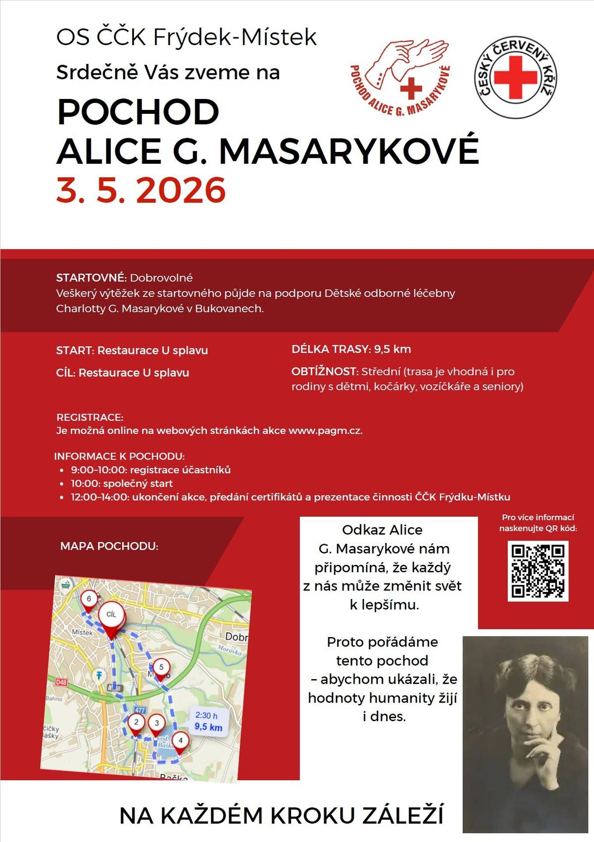 Město Frýdek-Místek se v neděli 3. května připojí k celorepublikovému Pochodu Alice G. Masarykové. Jak už název napovídá, akce, kterou pořádá Český červený kříž (ČČK), připomene odkaz prvorozené prezidentovy dcery, že každý může změnit svět k lepšímu solidaritou a pomoci druhým. POCHOD ALICE G. MASARYKOVÉ PŘIPOMENE ODKAZ PRVNÍ DÁMY HUMANITY | Frýdek-Místek