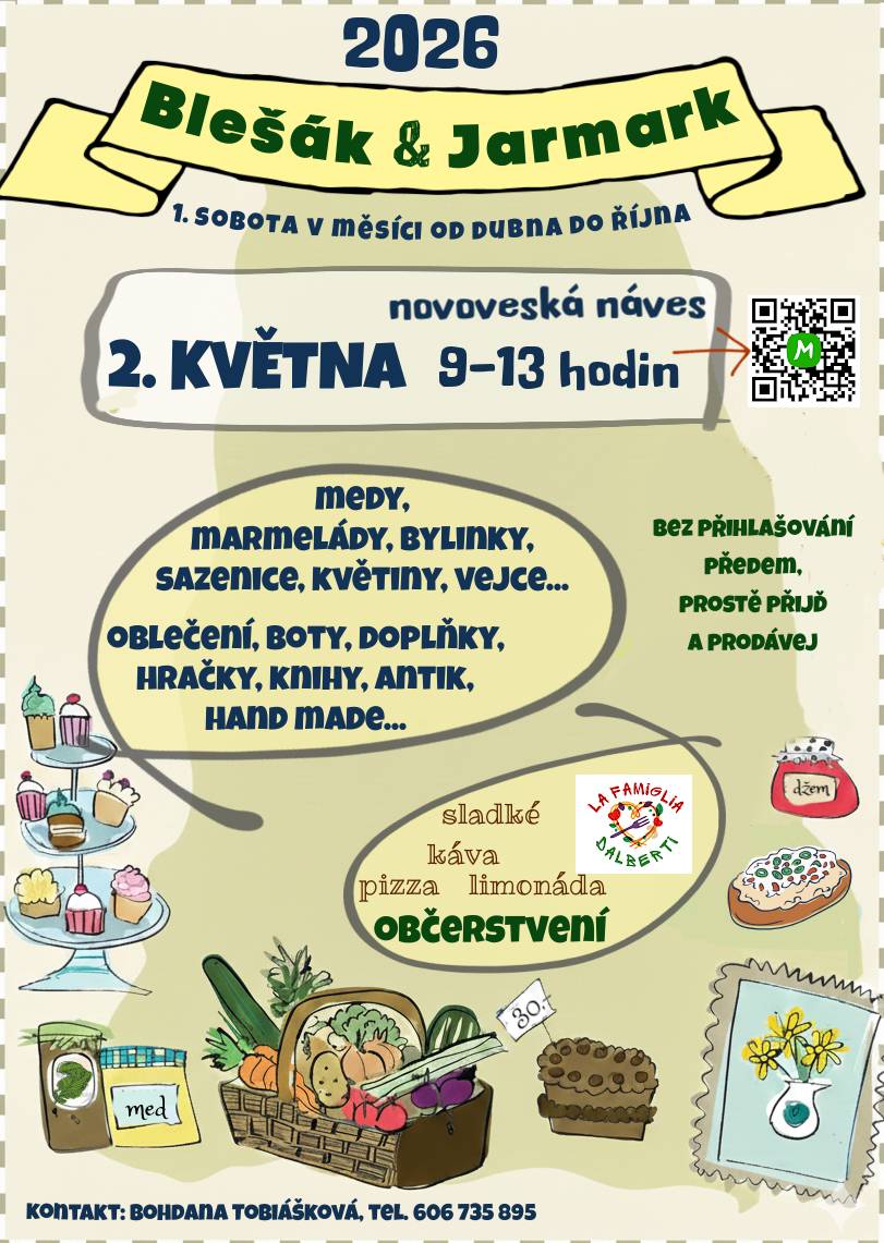 Milí spoluobčané, sousedé, kamarádi, zveme vás tuto sobotu na novoveskou náves - nabídněte, co vyrábíte, pěstujete nebo už nepotřebujete. Pokupte, co nutně potřebujete!  Posedíme u výborných italských specialit, probereme život. Bude krásné počasí! Těšíme se na viděnou, Bohdana, Gábina a Ula