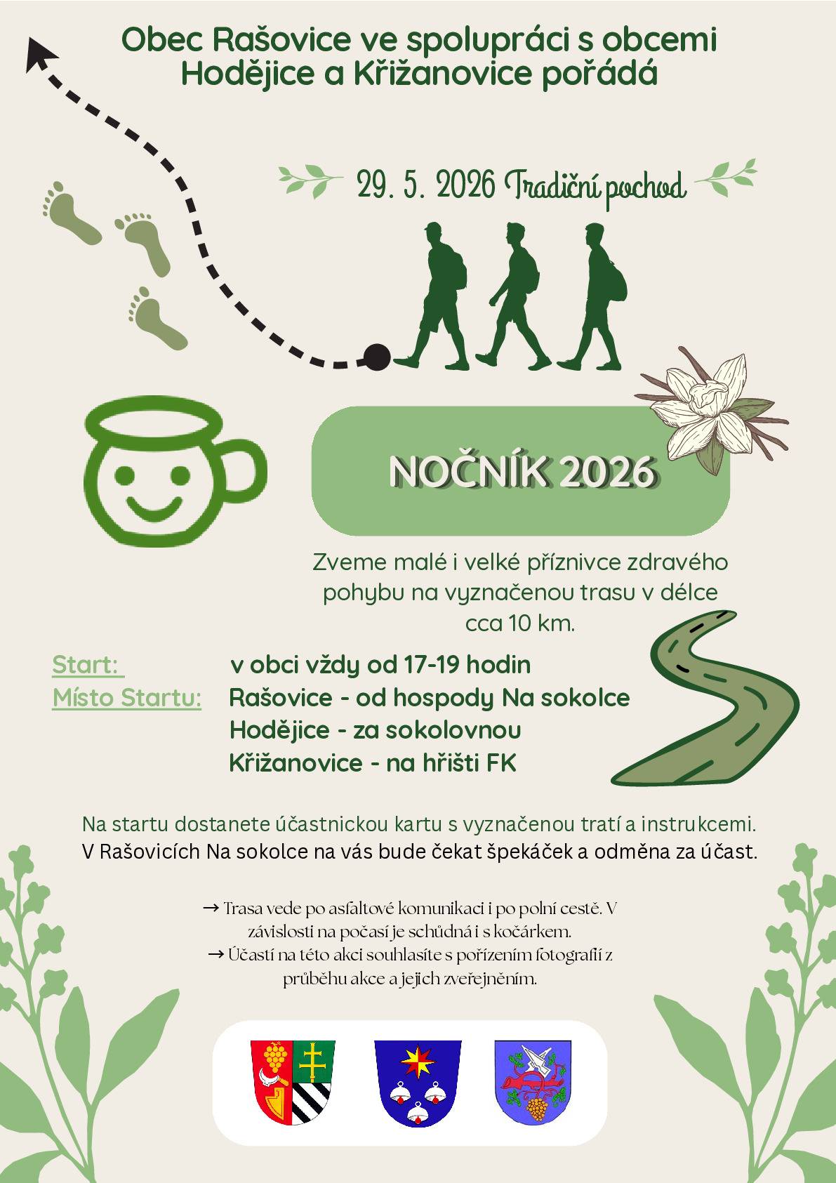 🌙 Nočník 2026 už se blíží! Přidejte se k oblíbené akci pro celou rodinu a užijte si příjemný podvečer v pohybu 🚶♀️ ✔ trasa cca 10 km ✔ vhodné i pro děti a kočárky ✔ odměna v cíli 📅 29. května 2026 🕔 start 17:00–19:00 📍 Rašovice | Hodějice | Křižanovice Těšíme se na vás!