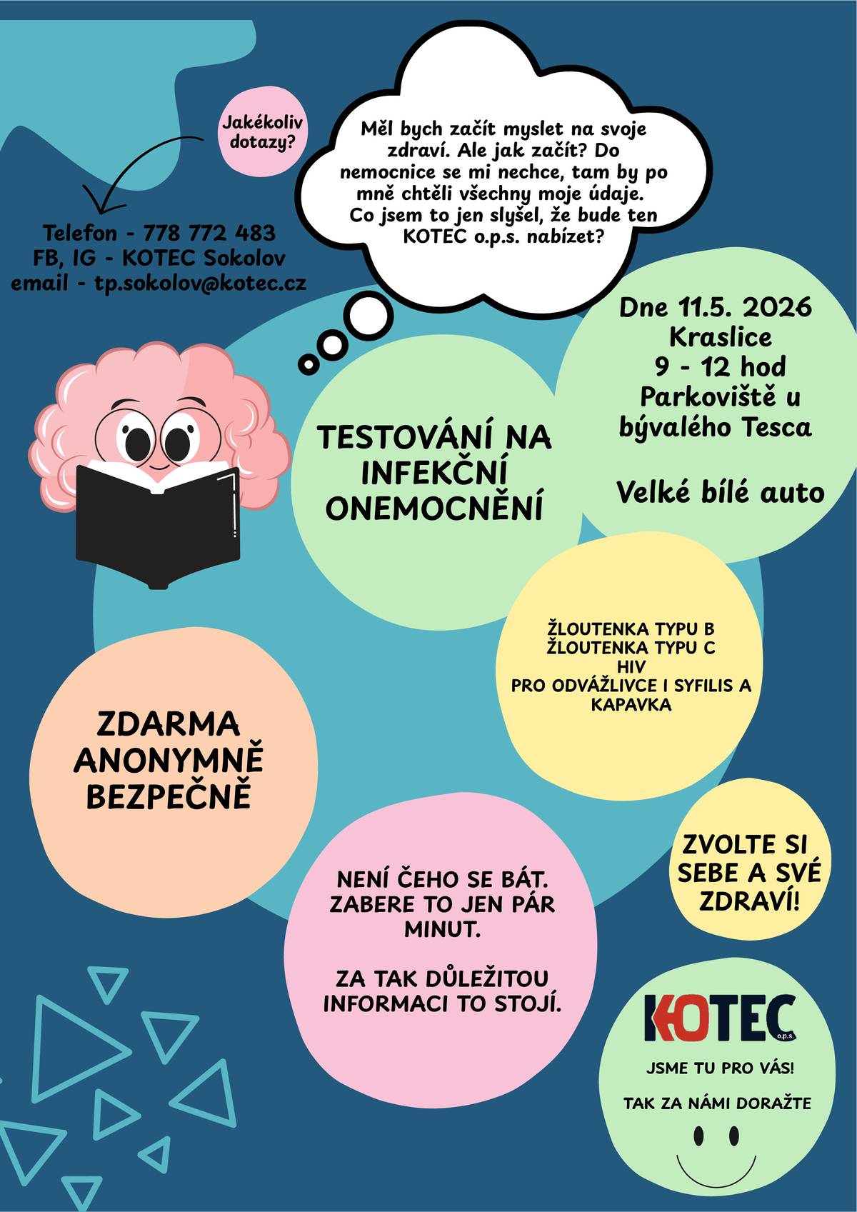 Ve spolupráci s KOTEC o. p. s. nabízíme bezplatné a anonymní testování na infekční onemocnění. 📅 11.05.2026 | 9:00 hod. –12:00 hod. 📍 Parkoviště u bývalého Tesca, Kraslice 🚐 Velké bílé auto Rychlé, bezpečné a diskrétní. Není čeho se bát – za pár minut máte jasno.