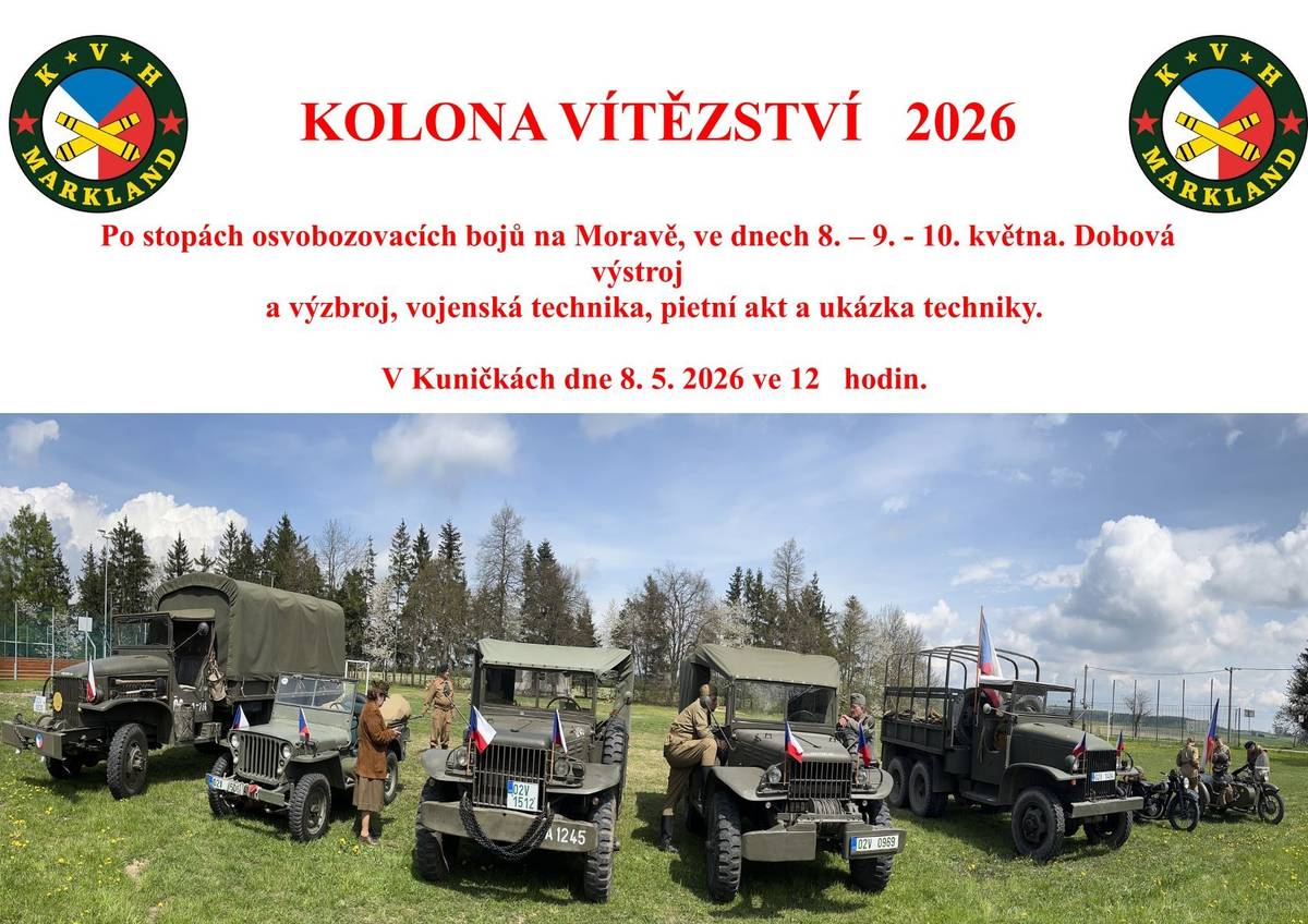 Klubu vojenské historie Markland, z.s. bude projíždět naší obci v pátek 8.5.2026  cca ve 12 h, zastaví u památníku druhé světové války (před obecním úřadem), kde bude krátký pietní akt a položení květin. Můžete si prohlédnout techniku.