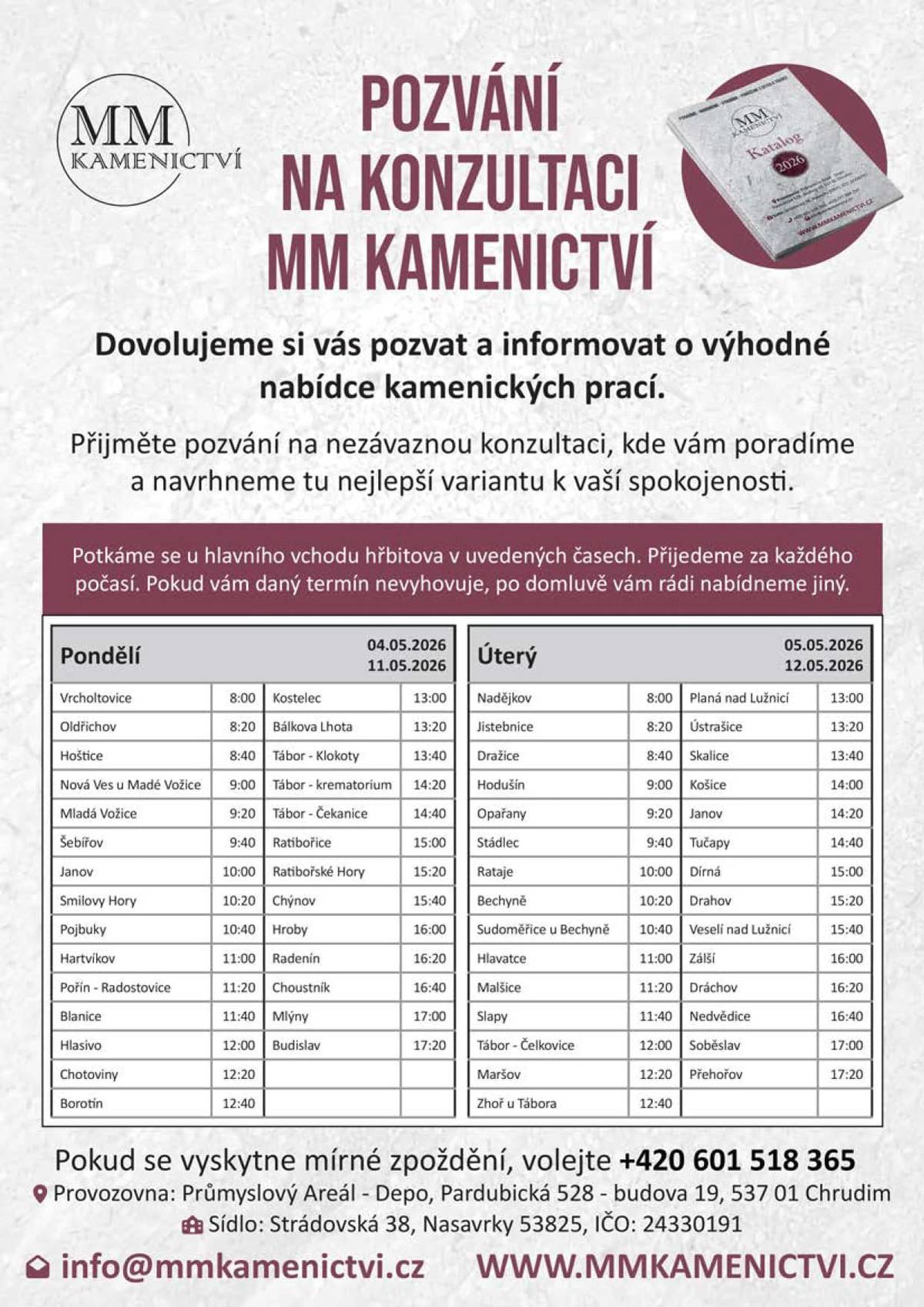 5. a 12. května 2026 od 8:20 hod. - u hlavního vchodu hřbitova