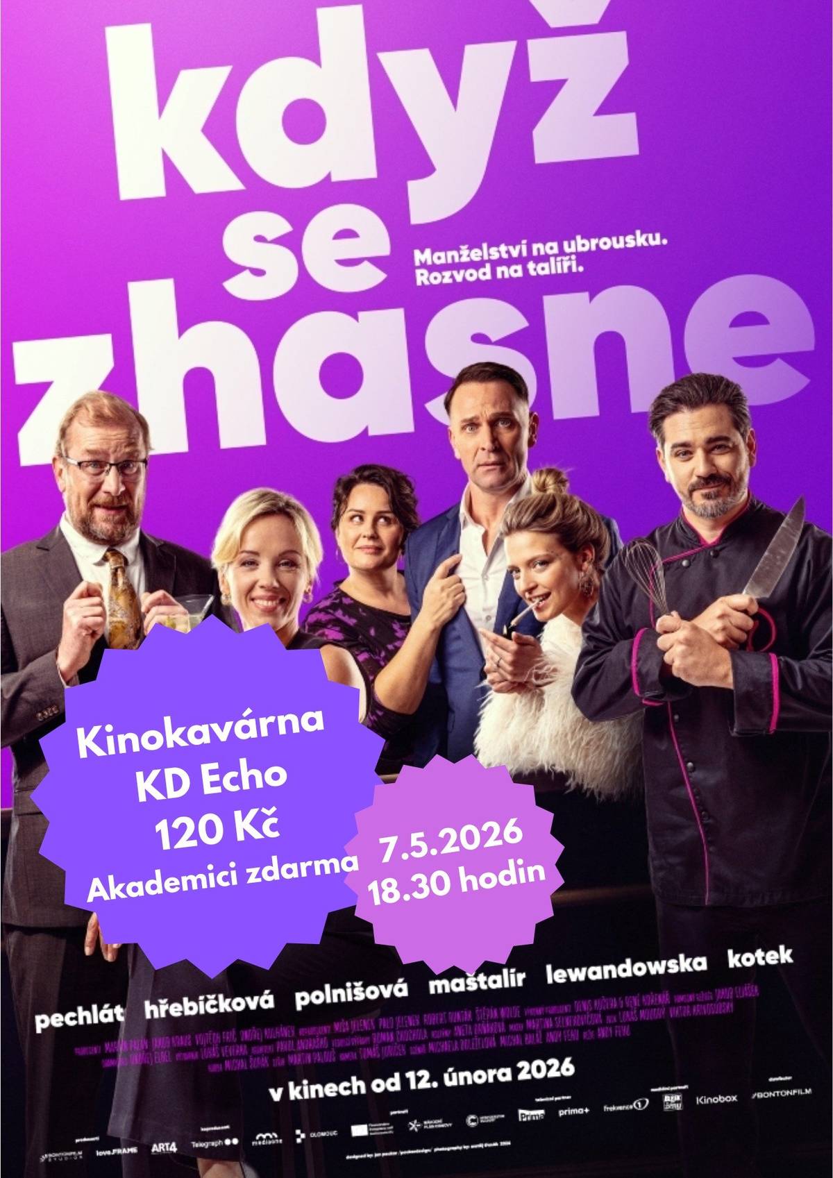 Filmová projekce s kávou ve čtvrtek 7. května od 18:30 hodin v KD Echo. Komedie, Česko/Slovensko, 2026, 96 min. Nevhodné pro osoby mladší 12 let. Vstupné 120 Kč, Akademici zdarma. V předprodeji v síti smsticket.cz a osobně na pokladnách v TIC a kanceláři SVČ.