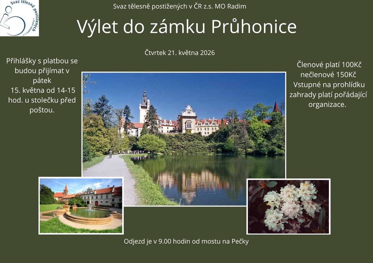 STP zve na výlet do zámku Průhonice 21.5. členové platí 100,-Kč, nečlenové 150,-Kč Vstup platí STP. Přihlášky 15.5. od14. do15. u pošty
