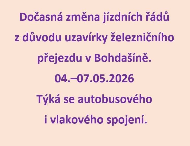 Týká se jak autobusů, tak vlaků. Důležité upozornění – z důvodu délky objízdné trasy jsou časy spojů změněny až o 10 minut. Sledujte aktuální jízdní řády z obvyklých informačních zdrojů. Autobusová linka 371 Broumov – Teplice n. Met. – Adršpach pojede po objízdné trase přes Pěkov.  Autobusová linka 408 Trutnov – Adršpach několik spojů, které nemají vyrovnávací čas v Adršpachu pojedou kvůli uzavírce přejezdu v Bohdašíně opožděny až do Trutnova. Samotný Bohdašín bude obsloužen náhradními spoji na lince 371 jedoucími mezi Teplicemi nad Metují a Bohdašínem. Tyto spoje mají v drtivé většině návaznost na Broumov v Teplicích na zastávce Dolní Teplice (železniční stanice) na odkloněný autobus. Všechny vlaky budou po dobu výluky nahrazeny náhradní autobusovou dopravou dle výlukových jízdních řádů.