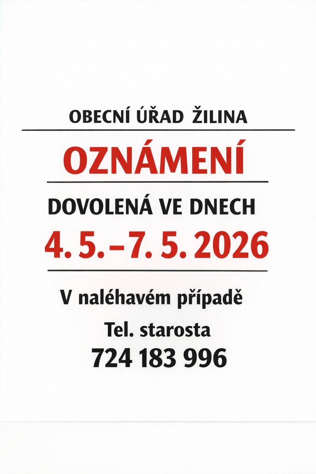 bude uzavřena ve dnech 4. 5.-7. 5. 2026