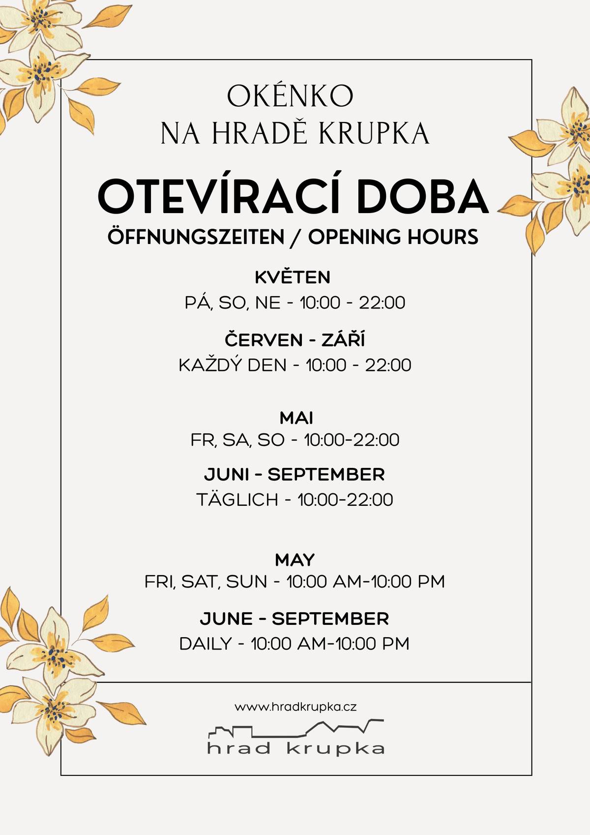 Občerstvovací okénko na Hradě Krupka otevírá již zítra, 1. května 2026. V průběhu května bude otevřeno vždy v pátek, sobotu a neděli od 10:00 do 22:00, od června do srpna pak každý den ve stejné otevírací době. V září se provoz vrátí opět na víkendový režim. Zastavte se na čepované pivo OSSEGG, Kofolu nebo si dejte párek v rohlíku. Nabídku budeme postupně rozšiřovat.
