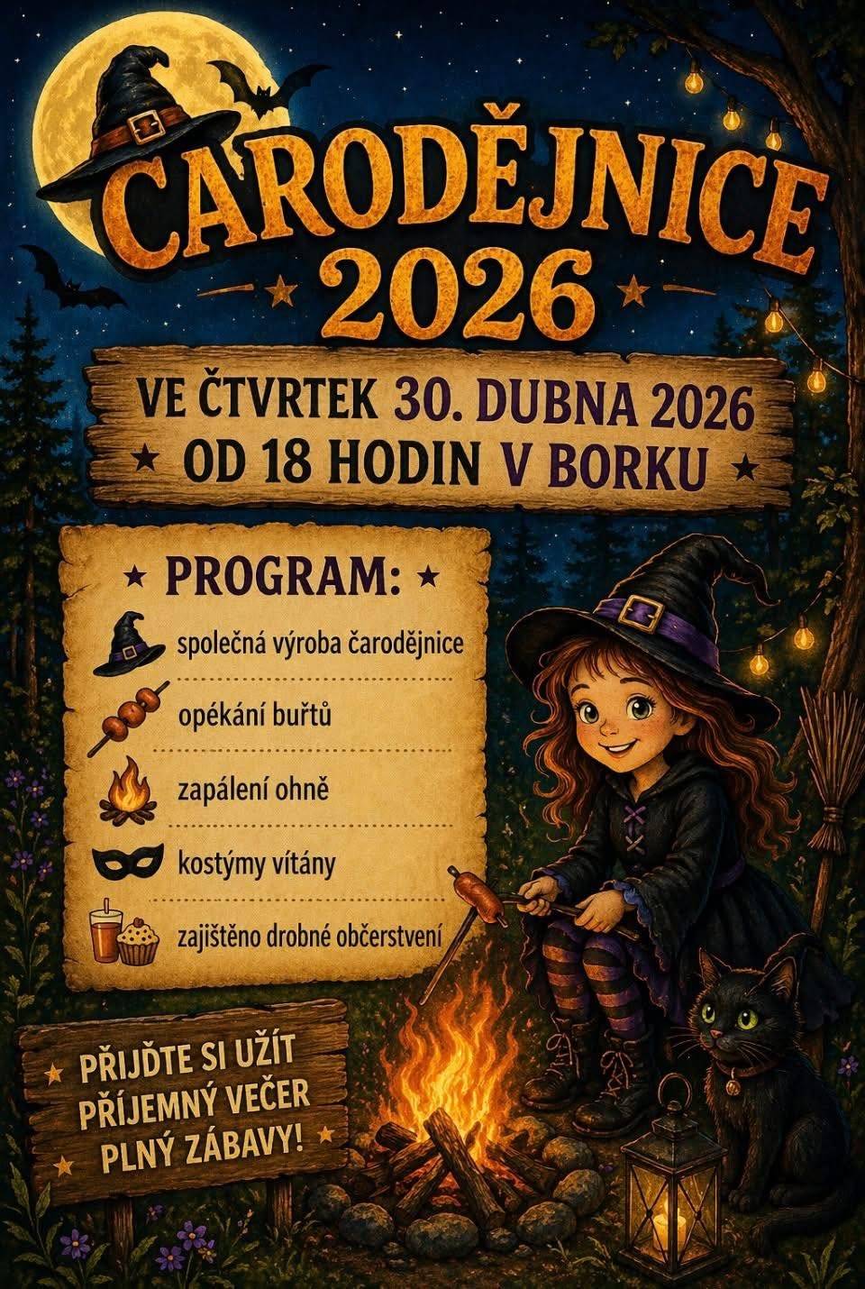 Pálení čarodějnic dnes od 18 hodin. Sraz na místě pálení-novostavby. Občerstvení zajištěno. Kostýmy vítány.