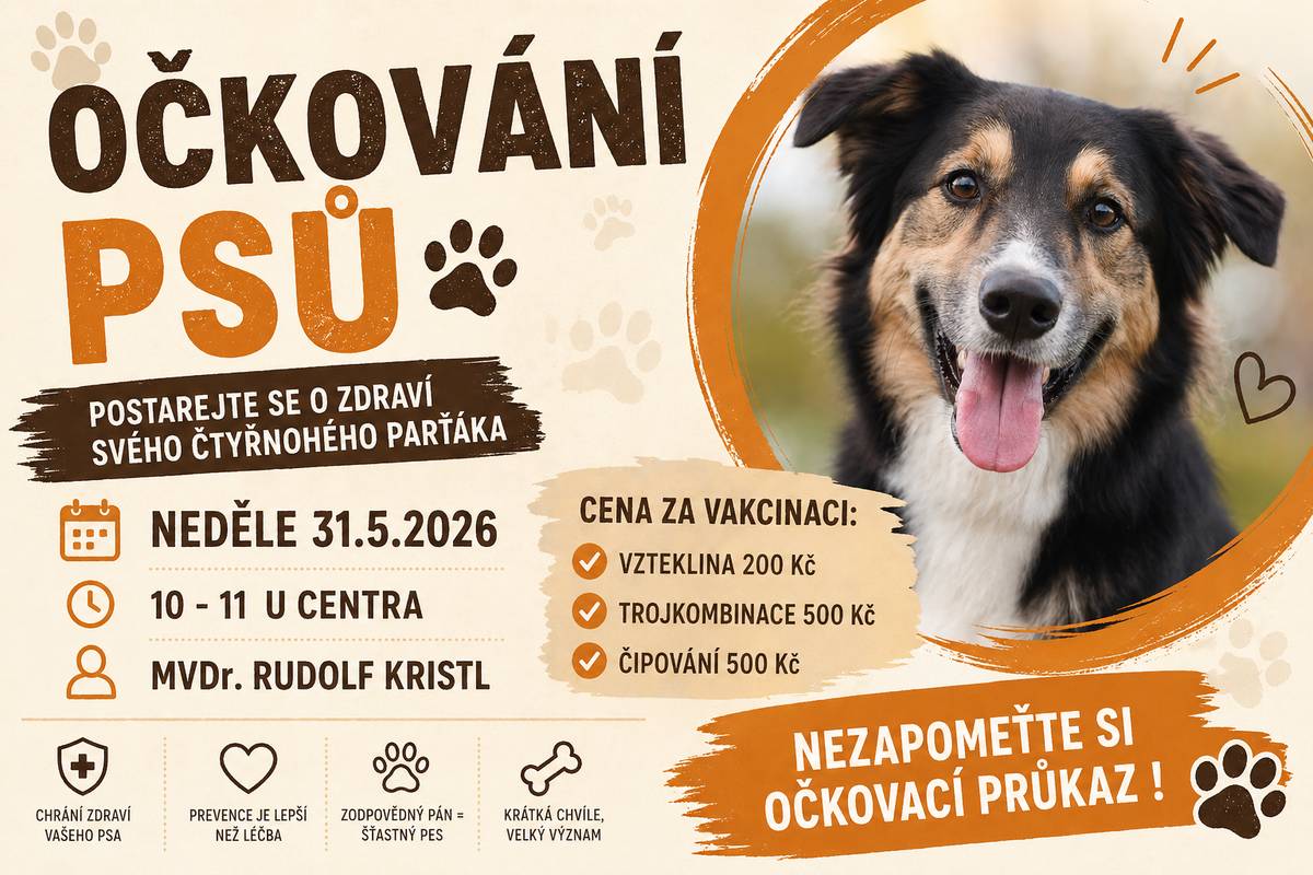 V neděli 31. 5. 2026 proběhne očkování psů 🐾 🕙 Kdy: 10:00 – 11:00 📍 Kde: před Centrem Neváhejte a přijďte zajistit svým čtyřnohým parťákům potřebnou ochranu 🐕💙