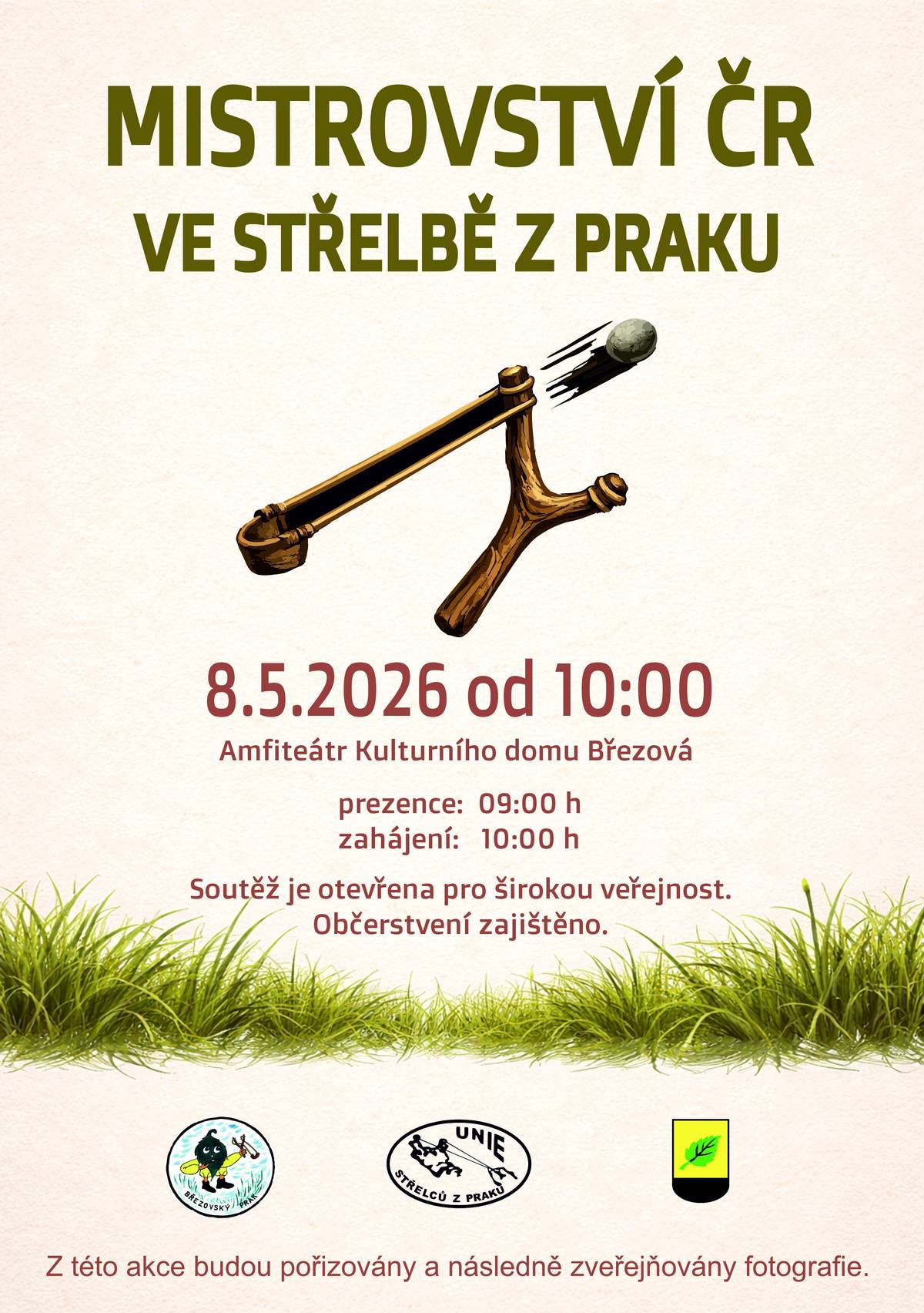 Klub Březovský prak a komise sportu města Březová zvou na TRADIČNÍ PRAKIÁDU, která se koná v sobotu 8. května 2026 v AMFITEÁTRU KD BŘEZOVÁ. Prezence od 10:00 h. Soutěže se mohou zúčastnit jak děti, tak amatéři, kteří budou mít své terče. Děti mají vstup ZDARMA. Zveme všechny příznivce.