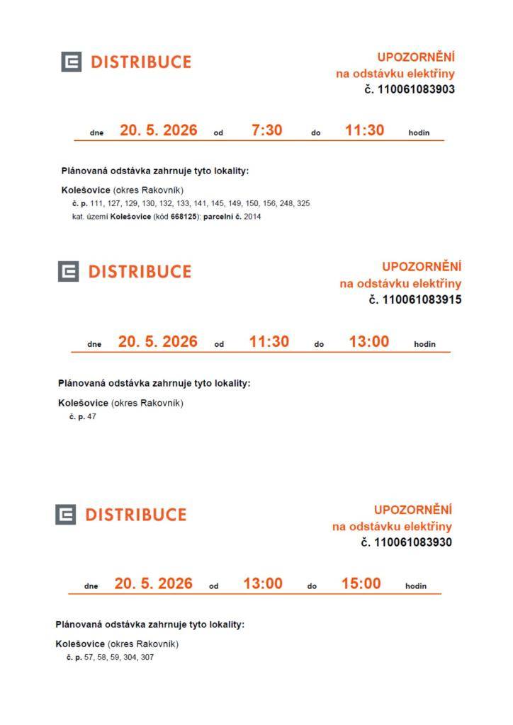 Dne 20. května 2026 dojde k plánovaným odstávkám elektřiny v Kolešovicích. První odstávka proběhne od 11:30 do 13:00 hodin v lokalitě s číslem popisným 47. Druhá odstávka se uskuteční 20. září 2026 od 7:30 do 11:30 hodin a postihne více čísel popisných v této oblasti.