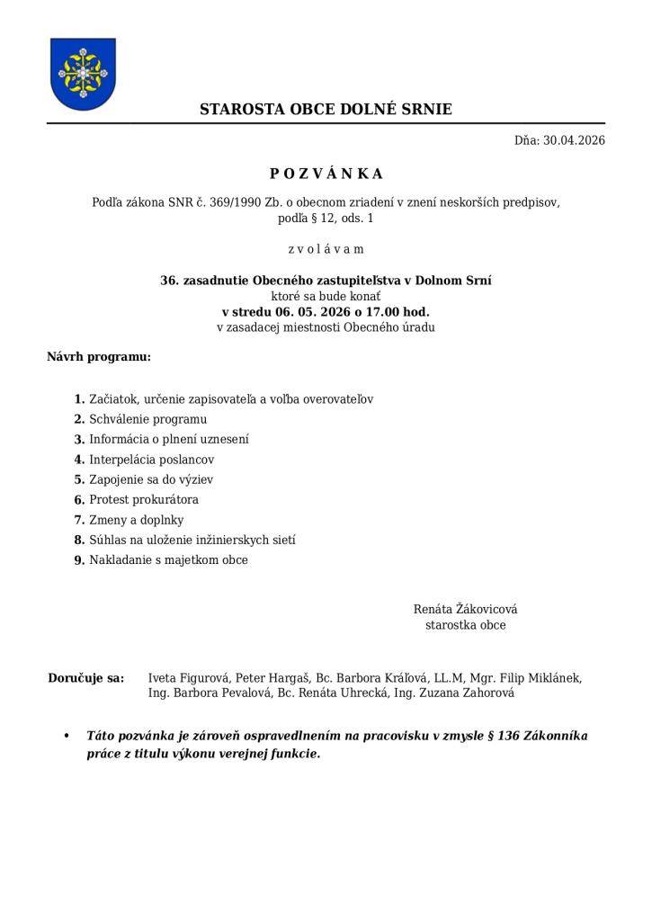 Pozvánka na 36. zasadnutie OZ