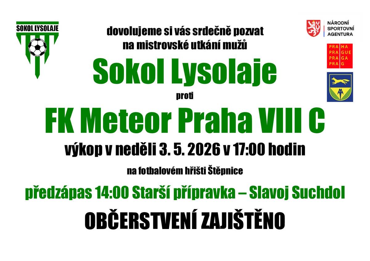 Dobrý den, srdečně zveme na zápas v neděli 3.5.2026 od 17:00  Muži proti FK Meteor Praha VIII C