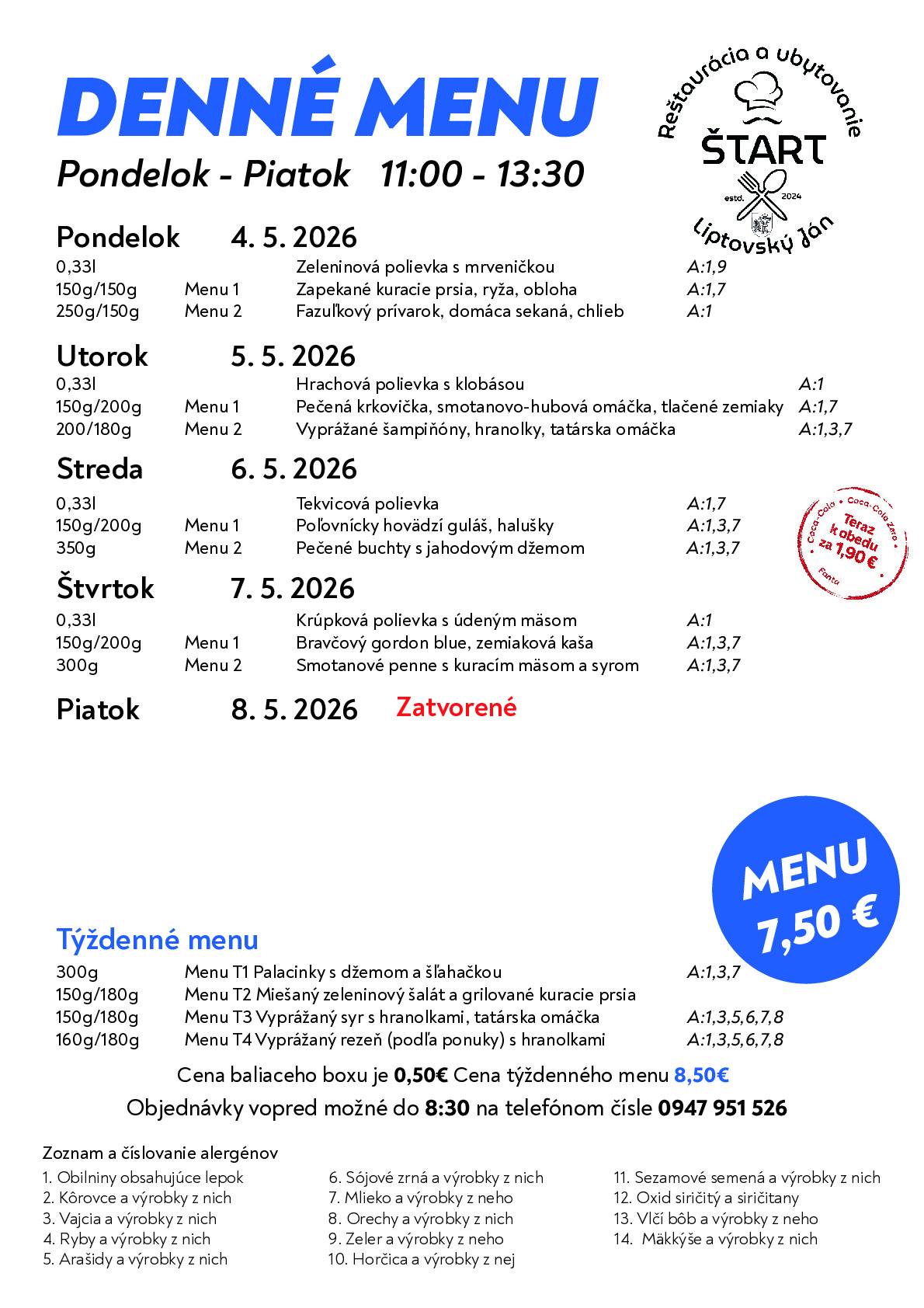 Obedové menu na najbližší týždeň.