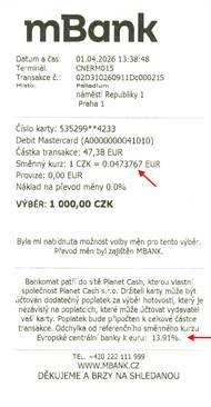 ATM Planet Cash. Přirážka DCC: 13,91 %. Poplatek 0 Kč. (01. 04. 2026)