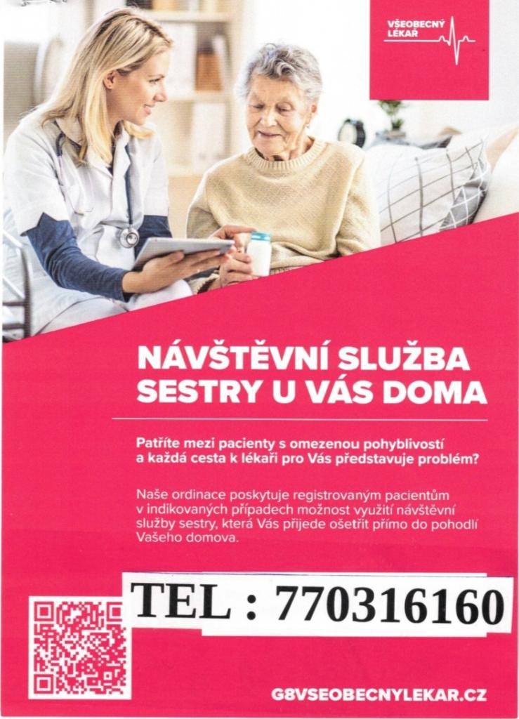 Opět je k dispozici návštěvní služba zdravotní sestřičky přímo u vás doma. Rádi vám tak zajistíme potřebnou péči v pohodlí vašeho domova.  Zároveň stále přijímáme nové pacienty k registraci.