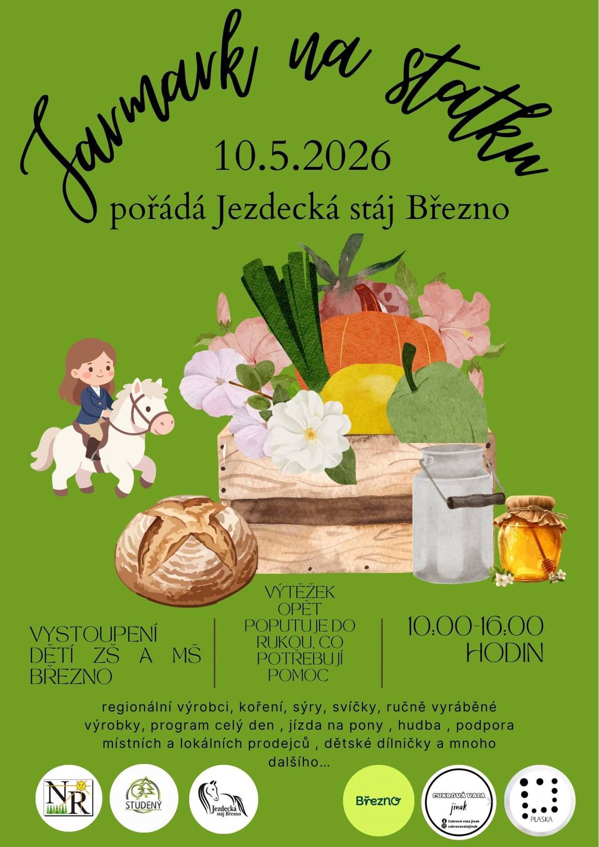 🌿 Jarmark na statku 🌿 Srdečně vás zveme na příjemný nedělní  den plný chutí, vůní a dobré nálady! V neděli 10. května 2026 od 10:00 do 16:00 hodin ožije Jezdecká stáj Březno, kde si každý přijde na své. Těšit se můžete na: 🥕 regionální výrobky a dobroty 🧀 sýry, koření i domácí pochoutky 🕯️ ručně vyráběné produkty 🎶 hudbu a pohodovou atmosféru 🐴 jízdu na pony 🎨 dětské dílničky 👧 vystoupení dětí ze ZŠ a MŠ Březno A to není vše! Po celý den vás čeká bohatý program a spousta krásných zážitků pro malé i velké. Výtěžek z akce poputuje na pomoc těm, kteří to potřebují. 💛 Přijďte podpořit místní výrobce, užít si hezký den a nasát tu pravou venkovskou pohodu. Těšíme se na vás!